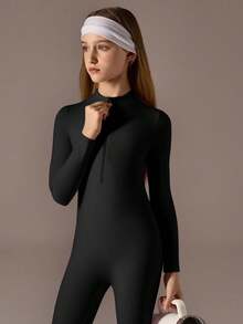 Tween Girls Black Half-Zip Jumpsuit, Long Sleeve With Long Pants, High Stretch Fitted Turtleneck Jumpsuit - Black - View 6