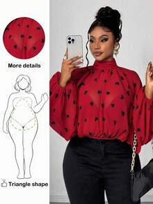 Truni Plus Size Women Elegant Heart Print Stand Collar Lantern Sleeve Ruffle Fashion Blouse, Suitable For Dates, Commuting, Parties, Valentine's Day, Daily Wear Long Sleeve Blouse Curve Blouse Lantern Sleeve Blouse Red Blouse Red And Black Top, For Pear & Triangle Body Shape - Multicolor - View 1