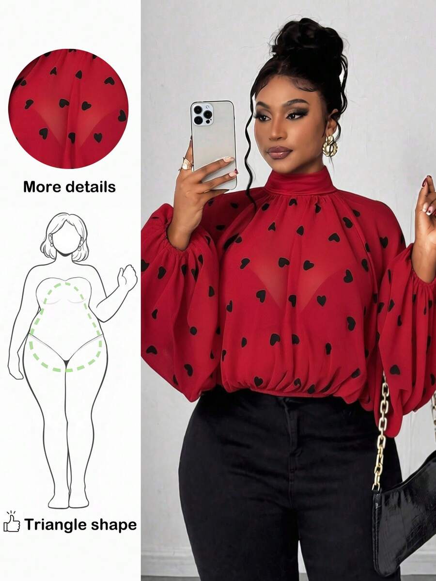 Truni Plus Size Women Elegant Heart Print Stand Collar Lantern Sleeve Ruffle Fashion Blouse, Suitable For Dates, Commuting, Parties, Valentine's Day, Daily Wear Long Sleeve Blouse Curve Blouse Lantern Sleeve Blouse Red Blouse Red And Black Top, For Pear & Triangle Body Shape - Multicolor - View 1