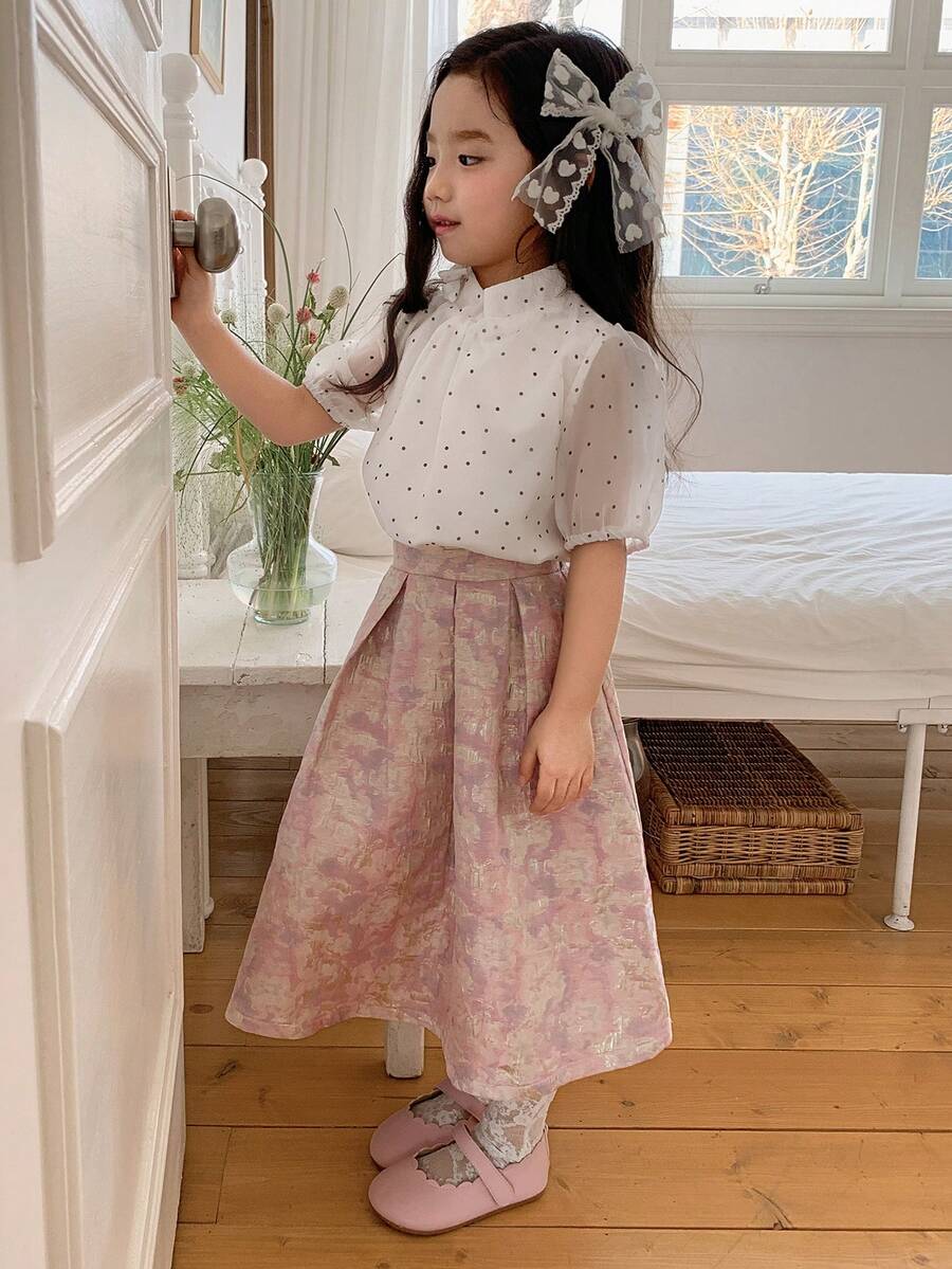DAZY 女童（小号）蝴蝶结系带印花韩版波点清爽夏季衬衫 - 杏色 - 查看 1