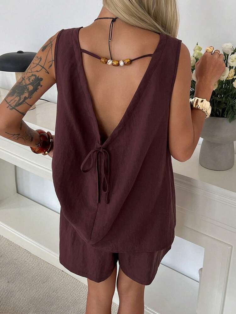Women's Solid Color Loose Beaded Backless Tank Top And Straight Leg Shorts Elegant Vacation Set, Spring/Summer