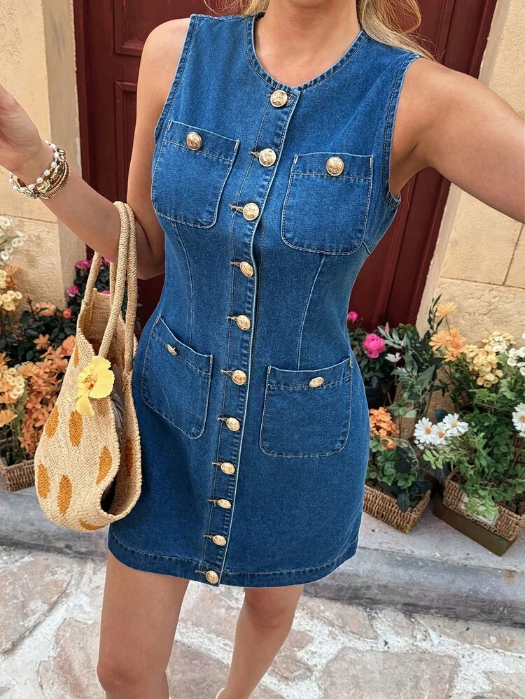 Serisse Vestido de mezclilla sin mangas de mujer de una sola hilera de botones - Azul - Añade 8