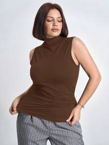 Chikora 大码褶皱修身立领背心，适合音乐会、商务休闲等场合穿着。 - 咖啡棕 - 查看 4