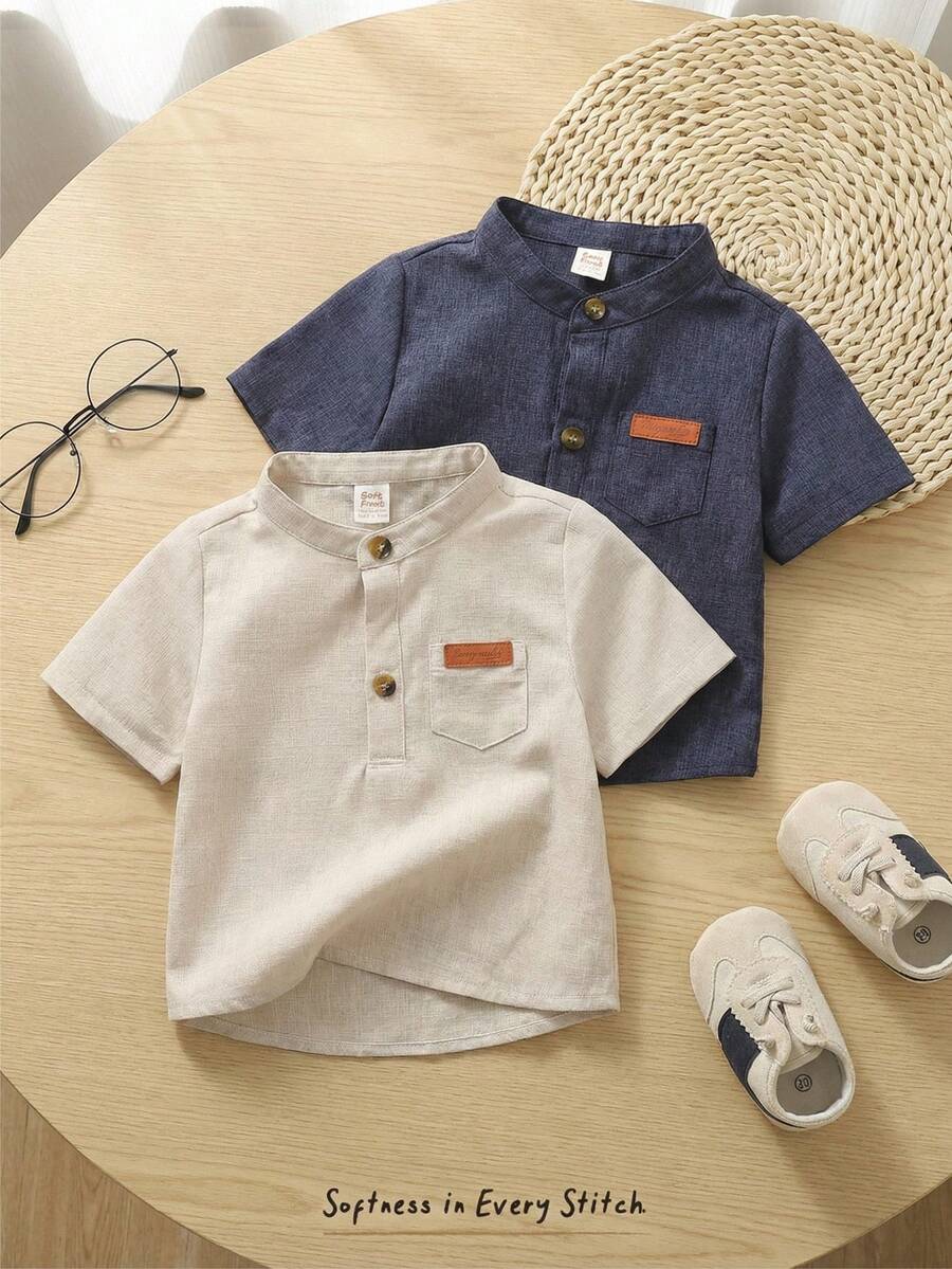 Cozy Pixies 男婴装饰按扣领短袖上衣，百搭舒适的男婴亚麻衬衫，男婴短袖衬衫，男婴夏季衬衫，男童休闲短袖纽扣衬衫，双胞胎男婴，男婴兄弟装，9-12个月 - 彩色 - 查看 1