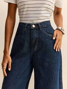 Daynim 高腰阔腿牛仔裤 - 深色水洗藍 - 查看 4