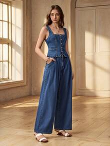 Selenza Women's Sleeveless Elegant Rose Button Denim Top And Straight Loose Fit Denim Pants Set - Medium Wash - View 4