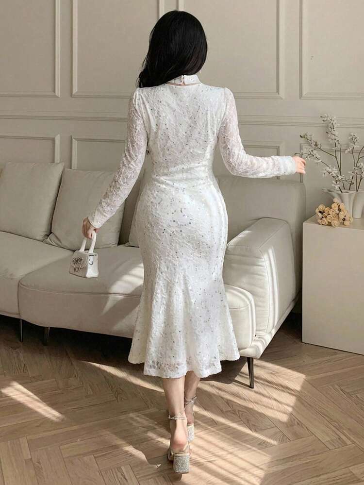 V-Neck Waist Cinched Long Sleeve Sequin Bodycon Dress For Women Sundress