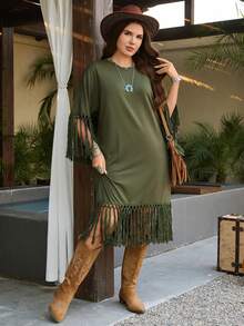 SHEIN LUNE Plus Size Casual Solid Color Fringe Trim Dress Fringe Dress Fringe Outfits Women Green Dress Green Dresses For Women Modest Dress Abaya Dress فساتين ساتره Casual Outfit For Women Casual Long Dress Casual Dress Casual Dresses Casual Dress For Women Vacation Outfits Women Summer Holiday Outfits Beach Vacation Outfits For Women Vacation Dresses Going Out Outfits Beach Outfit For Women Beach Vacation Outfits For Women Beach Dresses Easter Dress Women Spring Outfit Summer Outfits Fringe Dress For Wom - Army Green - View 7