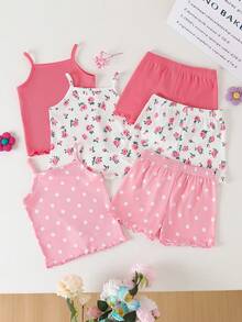 SHEIN Playful Pals Baby Girls' Comfortable Versatile Sweet Cute Strap Shorts Set, Multi-Piece Summer Outfit - Multicolor - View 1