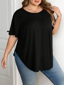 SHEIN CURVE+ Plus Size Summer Casual Solid Color Curved Hem Loose T-Shirt, Summer Tops Plus Size Oversized T-Shirt Plus Size T Shirts - Black - View 4
