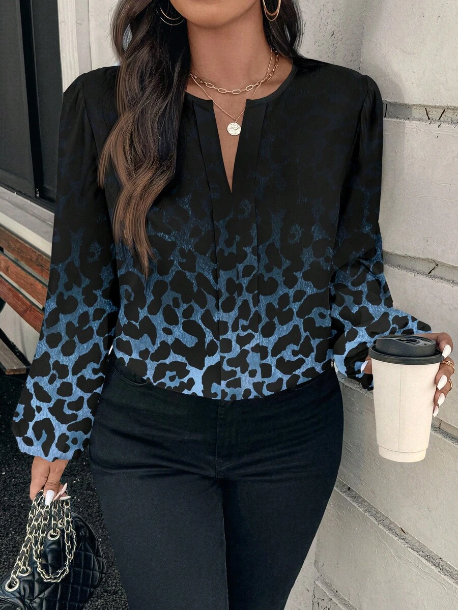EMERY ROSE Plus Size Ombre Leopard Print V-Neck Long Sleeve Shirt - Multicolor - View 1