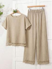 EMERY ROSE 女士度假撞色蕾丝圆领短袖衬衫和阔腿裤休闲两件套 - 卡其色 - 查看 7