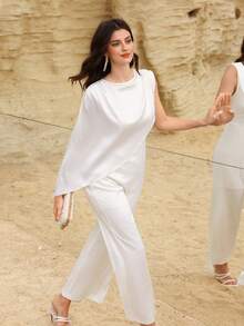 Modelyn 女士优雅缎面亮片无袖连体裤，时尚高端 - 白色 - 查看 3