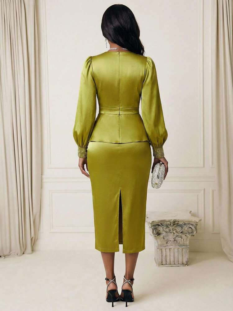 Women's Elegant Minimalist Rhinestone Embellished Long Sleeve High Collar Cinched Waist Hollow Out Top + Long Skirt 2-Piece Set