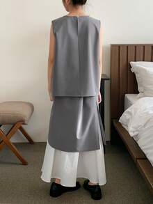 DAZY 少女休闲百褶无袖上衣和迷你裙套装，夏季 - 灰色 - 查看 2