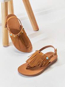 Mini mi #BohoCute Sandal Anak-Anak Dekorasi Batu dan Rumbai Bahan Suede Vegan Premium Warna Cokelat Muda Model Slingback dengan Tali Jari Kaki – Lembut, Aman & Nyaman - Merah tua - View 1