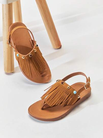 Mini mi #BohoCute 儿童石纹流苏装饰高级纯素麂皮棕褐色露跟趾环平底凉鞋 – 柔软、安全、舒适