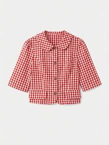 lacRébo 绿色格纹短袖纽扣外套，圆领设计，可爱复古风 - 紅白色 - 查看 8