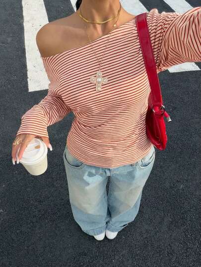 Muchica Women's Striped Asymmetrical Shoulder Slim Fit T-Shirt