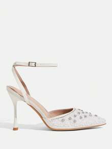 CUCCOO TILAWA Women's Pointed Toe High Heel Rhinestone Embellished Ankle Strap Pumps, Sexy & Fashionable For Dresses, Party, Nightclub - White - View 2