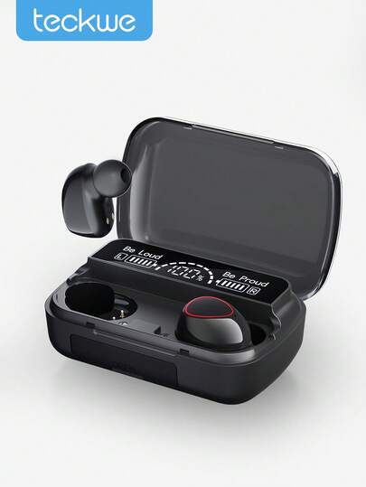 Teckwe 无线耳机，IPX7 防水 TWS 立体声耳机，带无线充电盒，内置麦克风，黑色