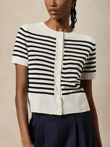 Briarwyn 女士休闲通勤撞色条纹短袖开衫 - 黑與白 - 查看 6