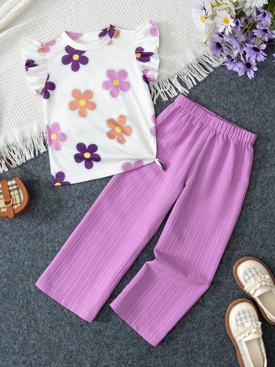 SHEIN 2件套女童休闲T恤和裤子套装 - 彩色 - 查看 1