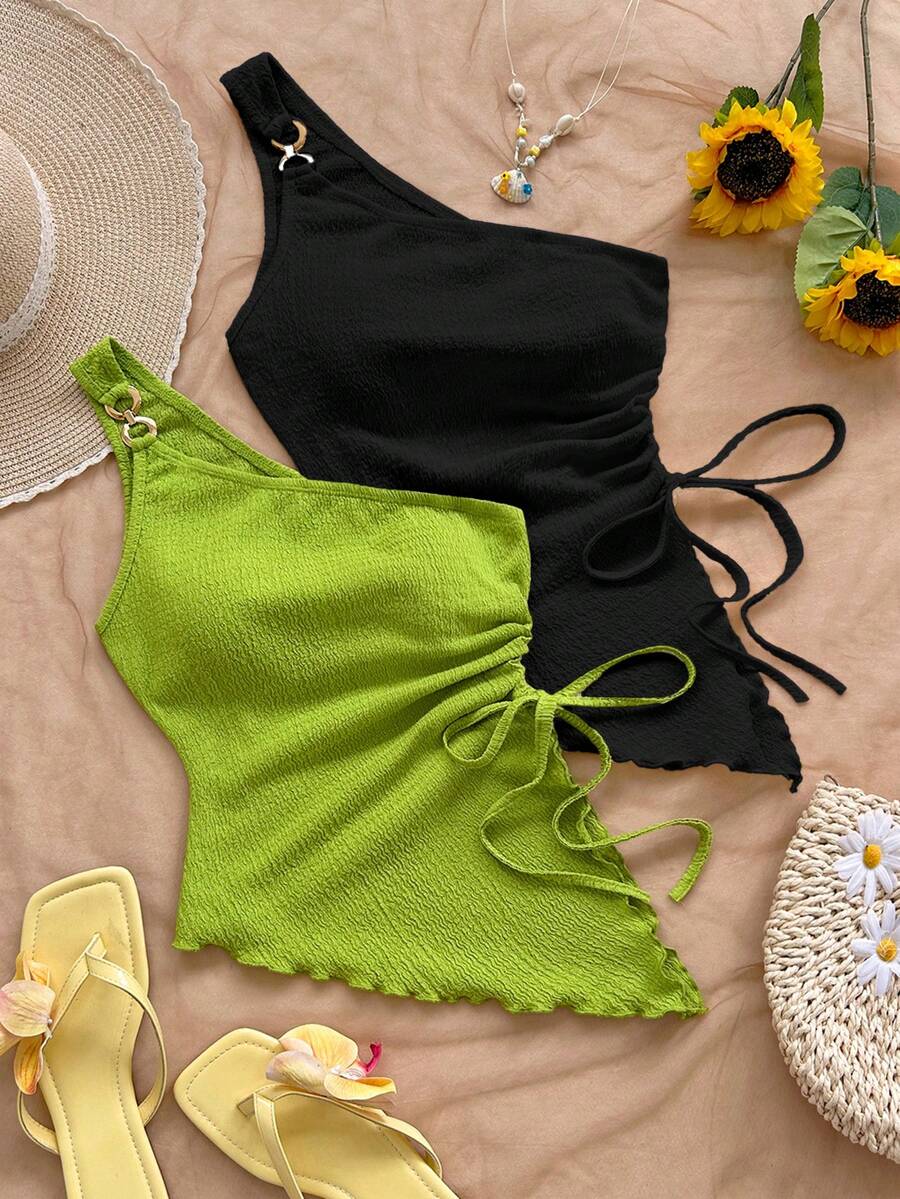 Soleia Áo nữ không tay, nhún bèo, dây rút, chất liệu vải họa tiết, kiểu dáng thường ngày, thích hợp cho mùa hè. - Nhiều màu - Xem 1