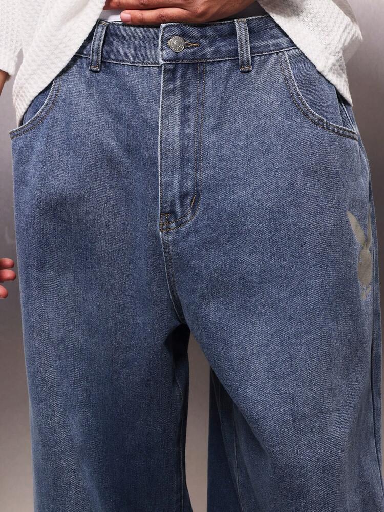PLAYBOY X SUMWON Men's Relaxed Baggy Logo Denim Jeans Wide Leg Casual Streetwear Medium Wash Blue Pants