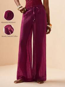 Zivah 2026春夏新品，适合情人节、音乐节、复活节、西部风、游牧风、波西米亚风、纳什维尔风、派对、晚宴、约会、聚会等场合。可调节腰围，荷叶边腰带设计，优雅宽松半透明沙滩罩衫及裤子套装。 - 酒紅色 - 查看 8