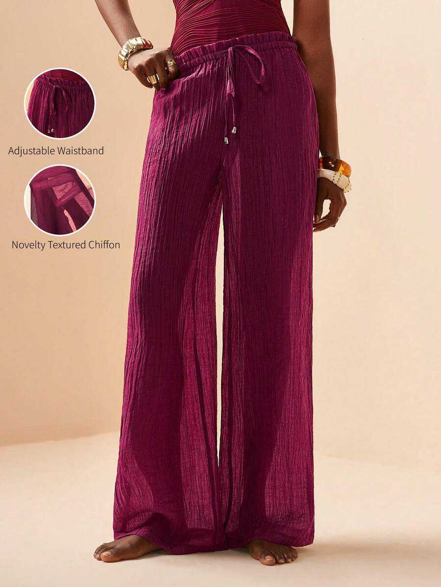 Zivah 2026 Spring/Summer New Arrival, Suitable For Valentine's Day, Music Festival, Easter, Western, Nomadic, Bohemian, Nashville Style, Party, Evening, Date, Gathering. Adjustable Waist, Ruffle Waistband Design, Elegant Loose Fit Semi-Sheer Beach Cover-Up & Pants - Burgundy - View 1