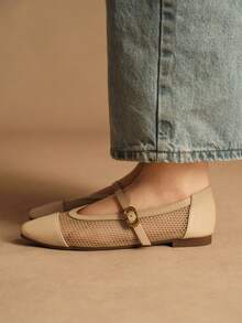 Rosivie Women's Square Toe Flat Mesh Shoes, Comfortable Breathable Soft Sole Mary Jane Shoes, Elegant French Style Everyday Commute Flat Shoes, Spring/Summer Valentine's Day - Apricot - View 3