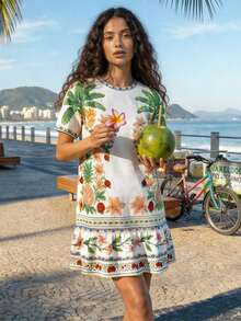 CAJUNI Tropical Vacation Cute Embroidery T-Shirt Dress - Apricot - View 1