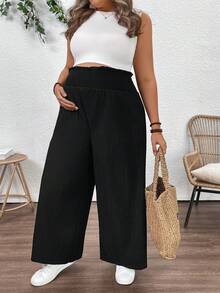 Plussiva Maternity Plus Size Solid Color Elastic Waist Casual Straight Loose Pants - Black - View 6