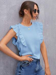 SHEIN Clasi Women's Keyhole Back Ruffle Armhole Spring Top,Summer Top - Baby Blue - View 6