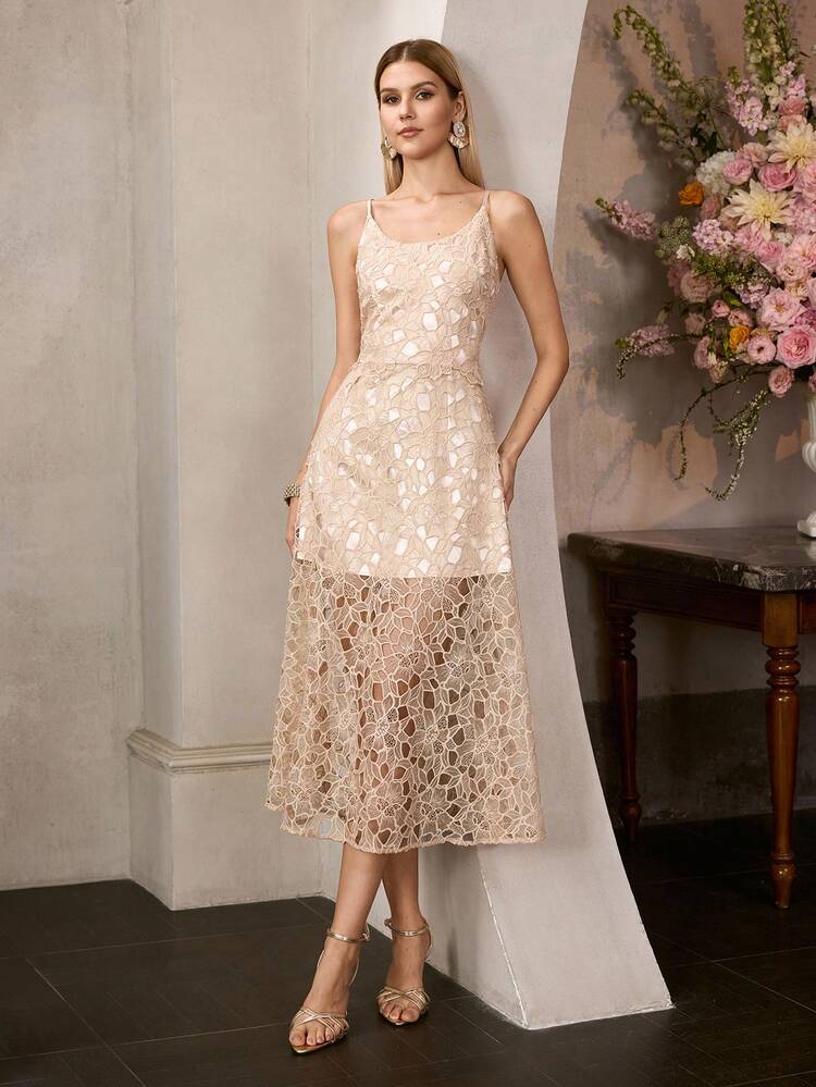 MOTF Soiréza WOMEN SLEEVELESS SPAGHETTI STRAP LACE GOWN, IDEAL FOR WEDDINGS, GARDEN PARTIES, FORMAL DINNERS & COCKTAIL RECEPTIONS