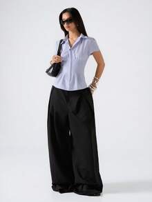 LYSMO 2026 New Arrive Minimalism Spring/Summer Women's Plaid Shoulder Petal Sleeve Ruched Waist Elegant Blouse Women Office Tops Short Sleeve Blouses Business Casual Tops Woman Work Blouse - Yellow - View 6