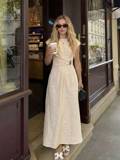 BizChic Spring/Summer New Beige Round Neck Cap Sleeve Asymmetrical Waist Ruched Metal Decor A-Line Dress, Versatile For Multiple Occasions