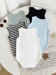 SHEIN Playful Pals 買1送5 5件組中性嬰兒男孩女孩羅紋連身衣 全白夏季休閒家庭款字母貼布無袖背心連身衣 - 彩色 - 查看 2