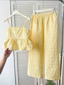 Firerie Kids 2pcs Tween Girls Casual Commuter Yellow Textured Camisole Top And Straight Leg Pants Set - Yellow - View 6