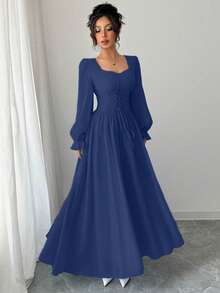 Modelyn Gaun Pesta Panjang Elegan Wanita Warna Polos dengan Ikat Pinggang dan Detail Kerut - Royal Blue - View 6