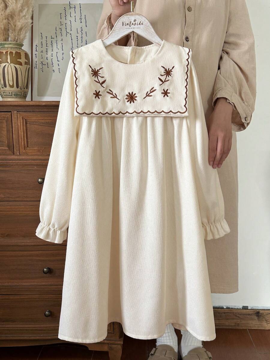 Vintaside Kids 女童卡其色艺术长袖套头连衣裙,饰有优雅刺绣领口,修身A字廓形,适合外出、休闲穿着和生日派对。 - 杏色 - 查看 1