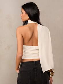 SHEIN BAE Elegant Chiffon Flowy Asymmetric Cold-Shoulder Top, Suitable For Elegant Top, Brunch Top, Wedding Guest Top, Summer Top, Apricot Top, Cream Top, Summer For Women, Going Out Top For Women, Summer Holidays, Casual Blouse For Women, Spring Top Women, Works For Women, Fashionable Top, Flowy Top, Casual Blouses For Women, Women's Cruise - Apricot - View 2