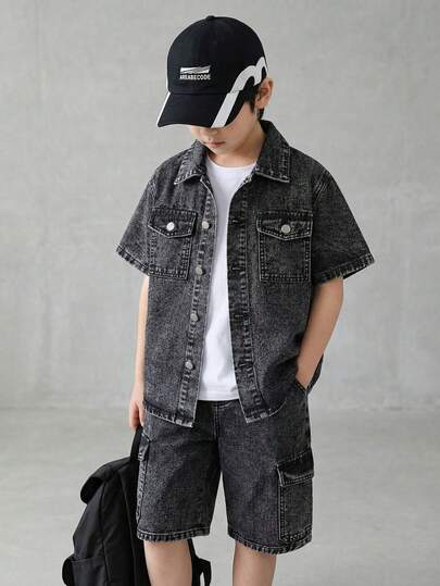 SHEIN Explorewe 2025新款复古水洗休闲百搭牛仔套装，适合男孩和青少年，舒适百搭，日常穿着。