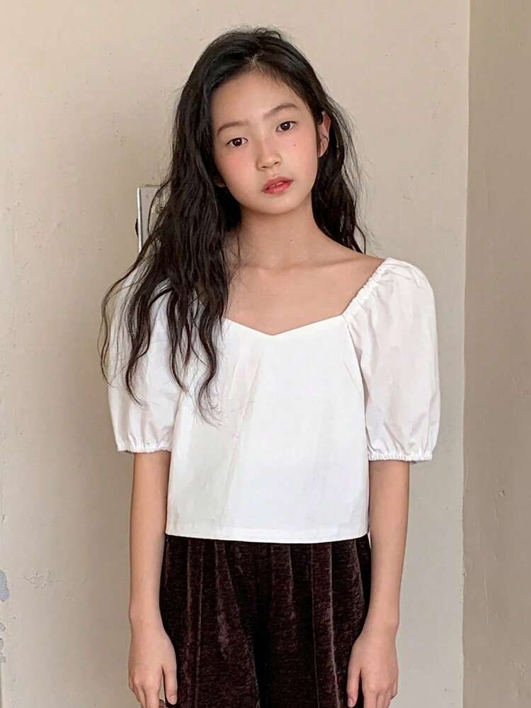 Tween Girl Solid Color Backless Bow Decor Casual Short Sleeve Blouse