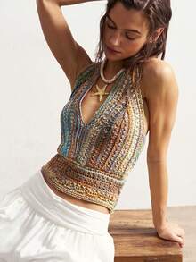 Bohemela Boho Spring/Summer Outerwear, Vintage Women's Tie-Neck Backless Colorful Sexy Patchwork Knit Sweater, Halter Knit Top, Versatile For Dates And Parties, Valentine For Women, Western Country Style Concert Party, Suitable For Beach Vacation & Daily Wear & Back To School & Going Out & Party, 2000s, Summer Holiday - Multicolor - View 2