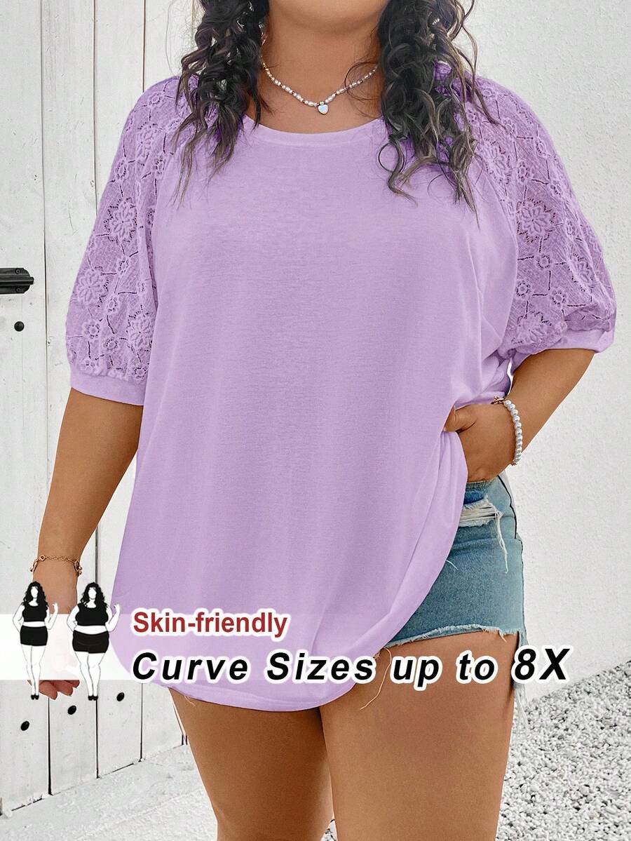 SHEIN CURVE+ 大码女式拼接不同材质上衣，白色T恤 - 紫丁香色 - 查看 1