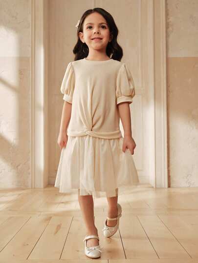 SHEIN 女童纹理针织前扭网拼接A字连衣裙