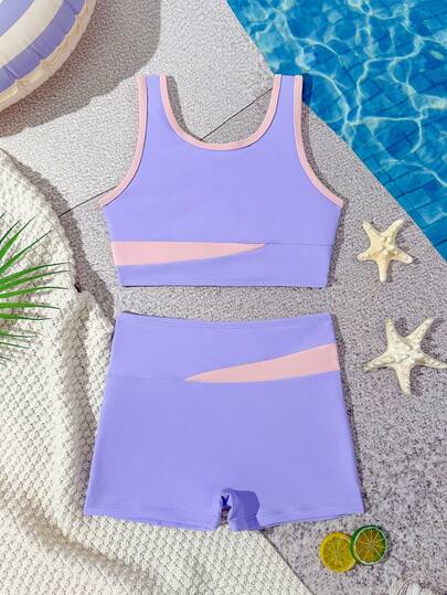 Sparklyn Tween Girl Comfortable Elastic Contrast Color Tank Top And Shorts Swimsuit Set
