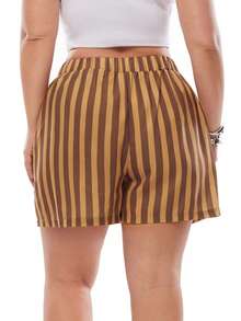 Solavibe Quần short nữ cỡ lớn, cạp chun, cài nút trang trí, dáng chữ A, họa tiết kẻ sọc, thích hợp cho mùa xuân/hè. - Nhiều màu - Xem 4